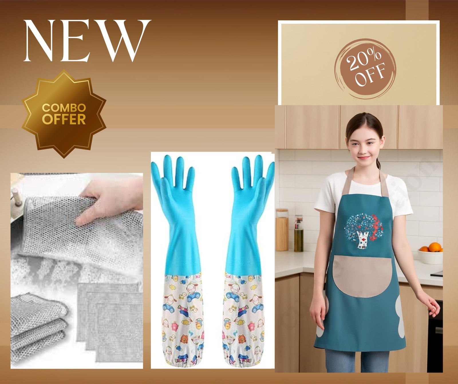 Kitchen Cleaning Combo Pack (Apron + Cleaning Gloves + Microfiber Cloths)